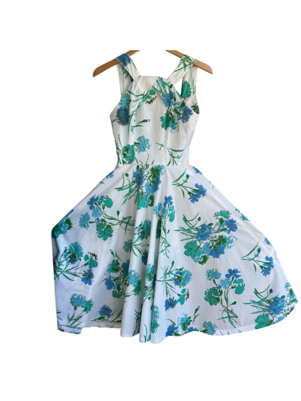Womens Floral Sundress White & Blue Sleeveless Fit & Flare M (12) Vintage 50s - Picture 9 of 16